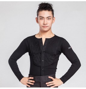 Black v neck long sleeves pleated front performance competition professional men's   man male ballroom  rhythm  chacha latin tango dance shirts tops 